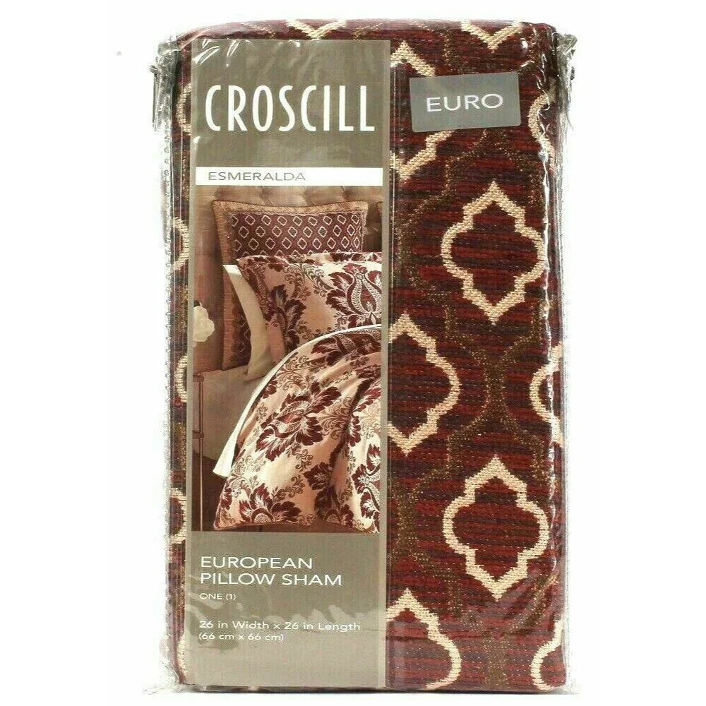Croscill Euro Pillow Sham Esmeralda Bordeaux Gold Quatrefoil European 26x26